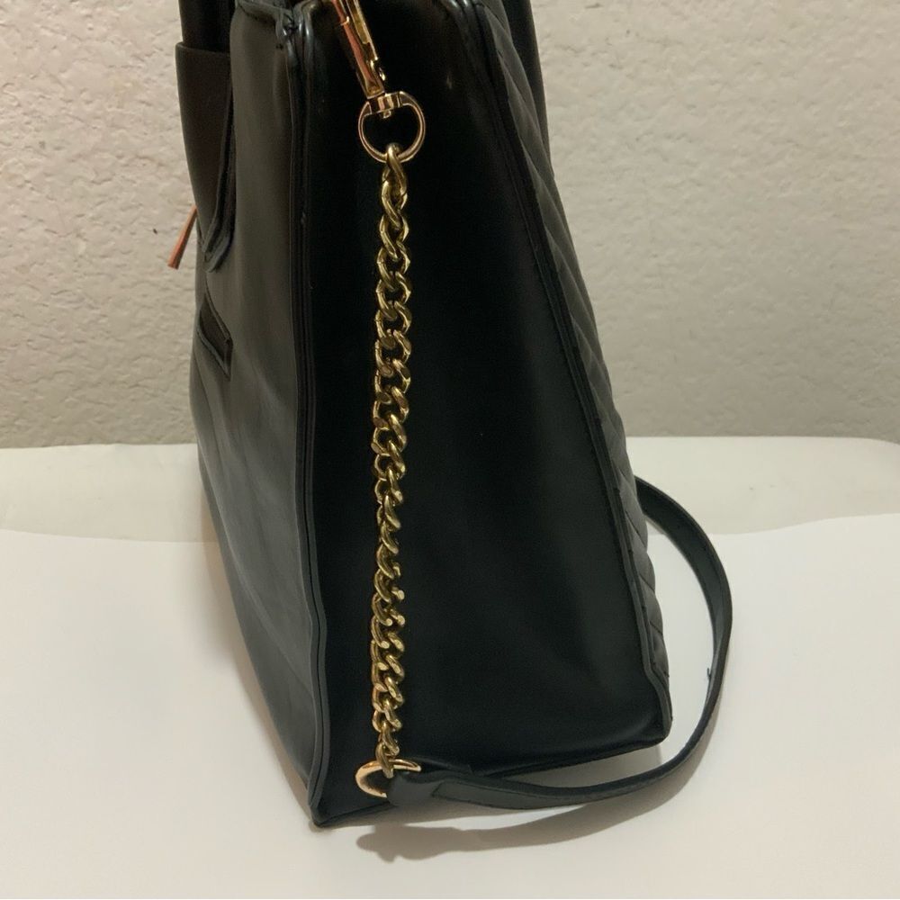 Aldo Womens Satchel Handbag Black Pockets Dual Handle Chain Zipper Faux Leather - Picture 5 of 16